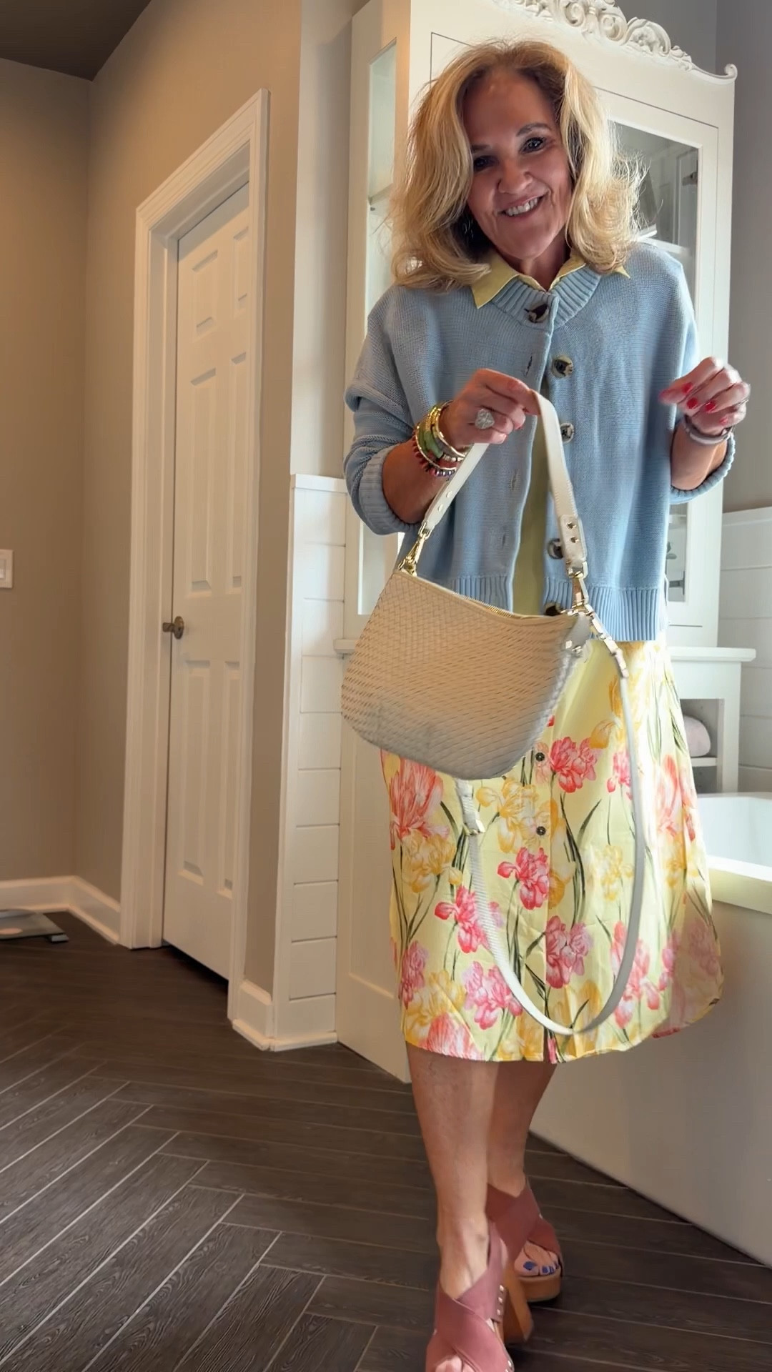 I love this dress. It’s easy casual or elevated. Wearing a small reg 
Blue cotton sweater is a relaxed fit size medium 
Clogs are walmart
20% off bracelet stack code NANETTE20

#LTKOver40 #LTKSeasonal #LTKPetite