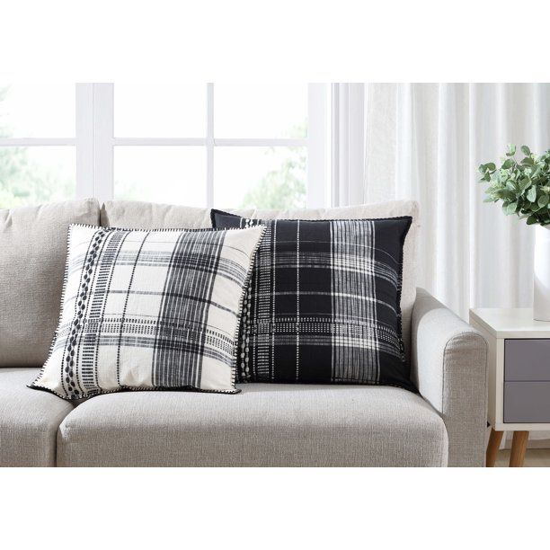 Better Homes & Gardens, Reversible Plaid Decorative Pillow, Square, Black/Ivory, 20'' x 20'', 1 P... | Walmart (US)