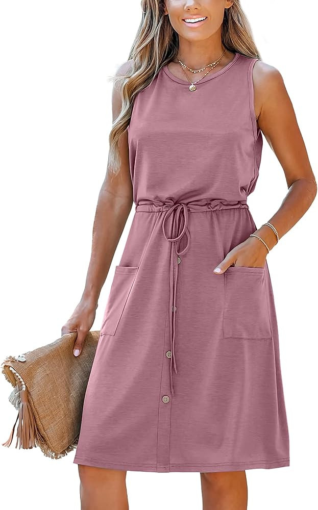 Moss Rose Women Summer Dresses Sleeveless Casual Loose Swing Midi Dress with Pockets | Amazon (US)