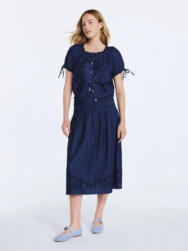 Free Assembly Women's and Women's Plus Embroidered Cotton Maxi Skirt with Smocked Waist, Sizes XS... | Walmart (US)