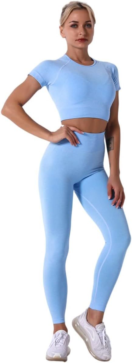 Women's Short Sleeve Crop Tops 2 Pieces Outfits Seamless Yoga Leggings Gym Sets Tights Trousers S... | Amazon (US)