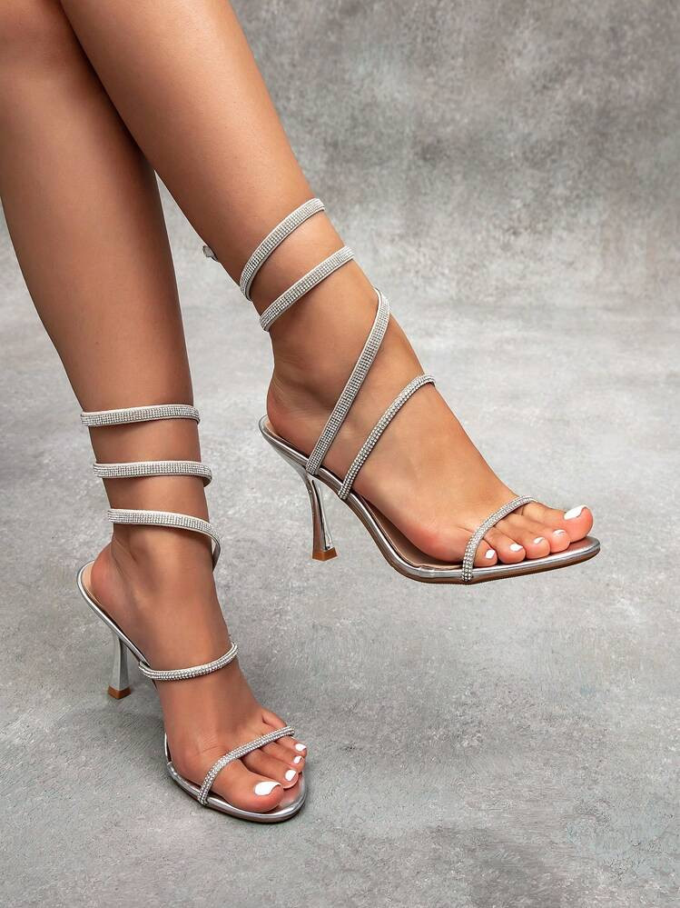 CUCCOO SZL Women's New Sexy Snake Wrap Rhinestoned Strap Silver High Heel Shoes, Stilettos For Evening Party, Date | SHEIN