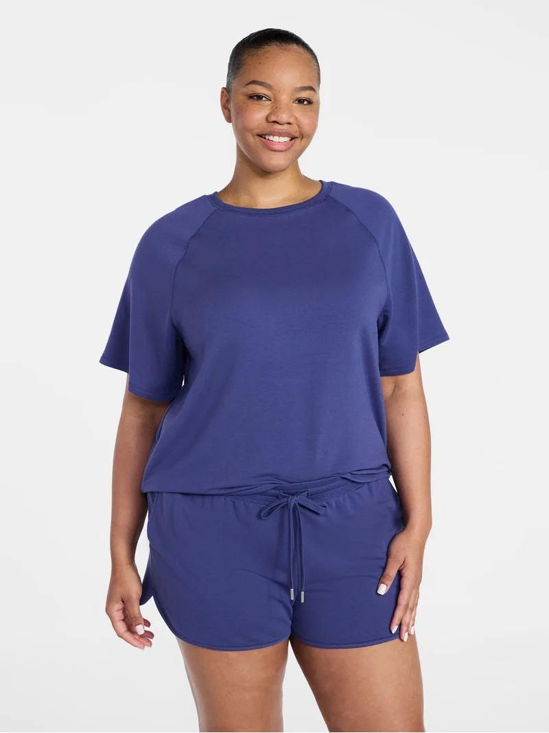 Joyspun Women's French Terry Lounge Sleep Short Sleeve Top and Shorts Set, 2-Piece, Sizes XS-3X | Walmart (US)