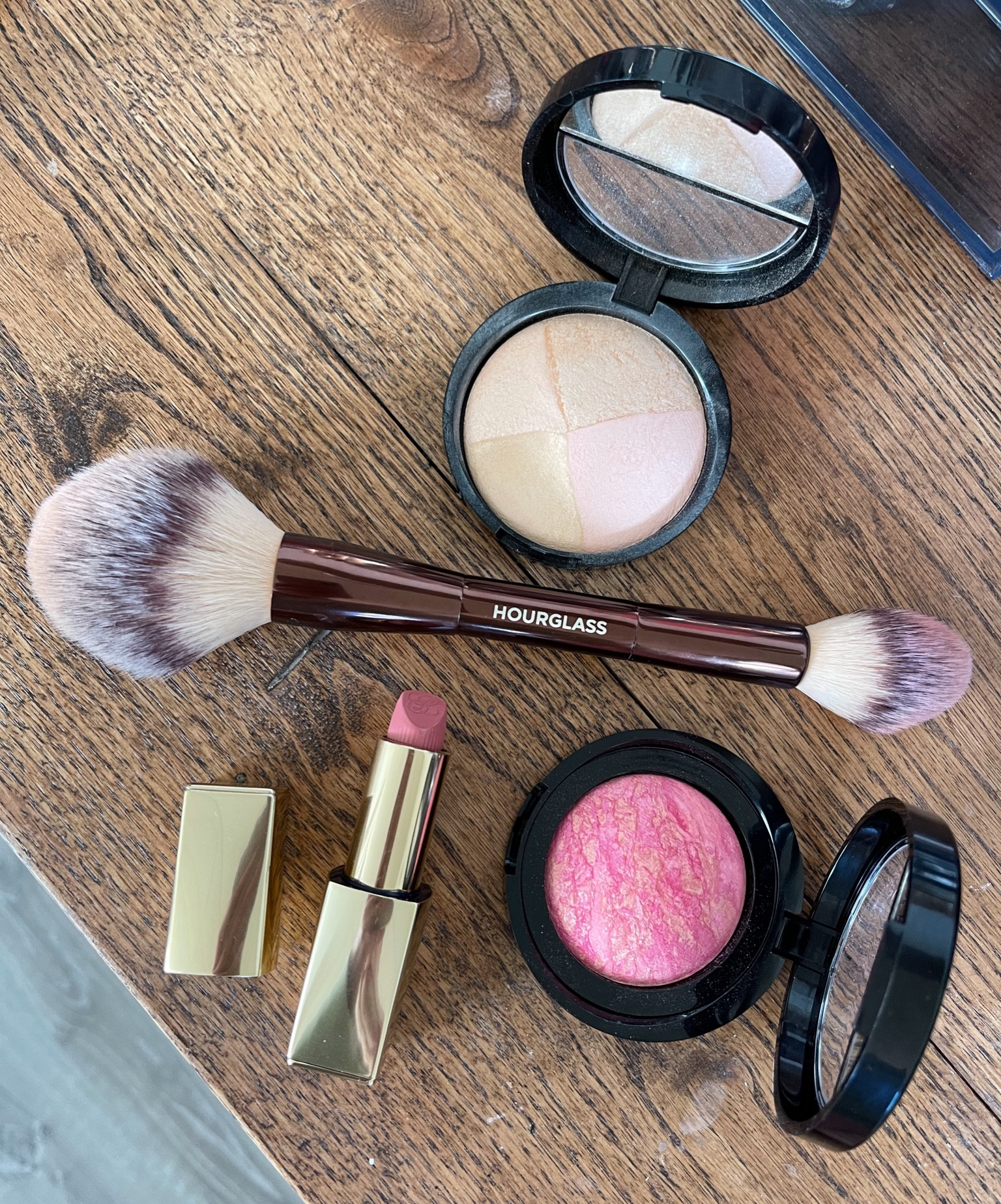 Current makeup favorites - best highlighter ever is on sale under $30! This stunning cool pink blush with swirls of gold is so flattering and this lipstick is the perfect shade of soft pink 💄 

#LTKunder50 #LTKsalealert #LTKbeauty