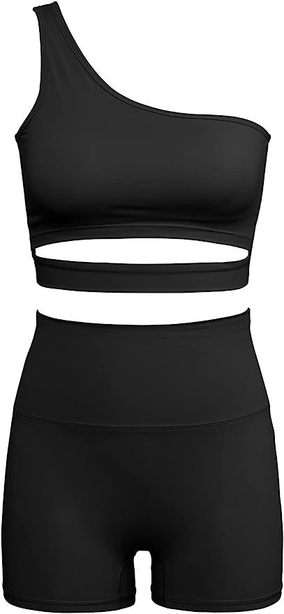 QINSEN 2 Piece Workout Outfits for Women One Shoulder Coutout Sport Bra High Waist Yoga Shorts Se... | Amazon (US)