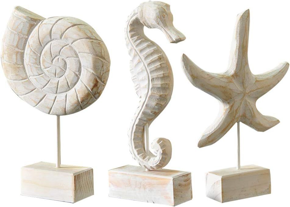 Exttlliy 3pcs Wood Handmade Beach Nautical Style Figurines Starfish/Conch/Seahorse Statue Home De... | Amazon (US)