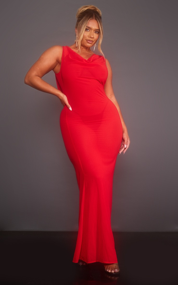 Shape Red Woven Cowl Neck Sequin Back Maxi Dress | PrettyLittleThing UK