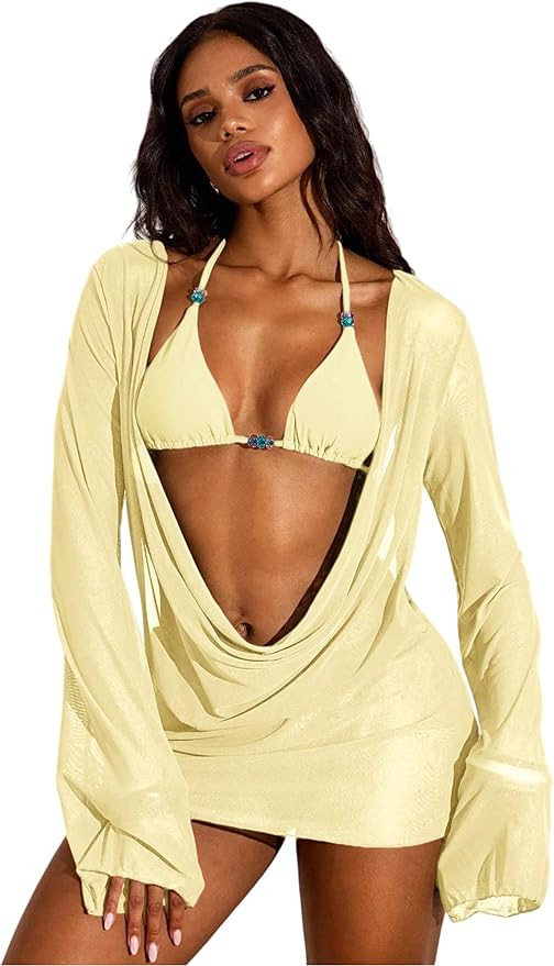 SISKIN Beach Cover Ups for Women Bathing Suit Cover Up for Swimwear Women Sheer Long Sleeve Mesh ... | Amazon (US)