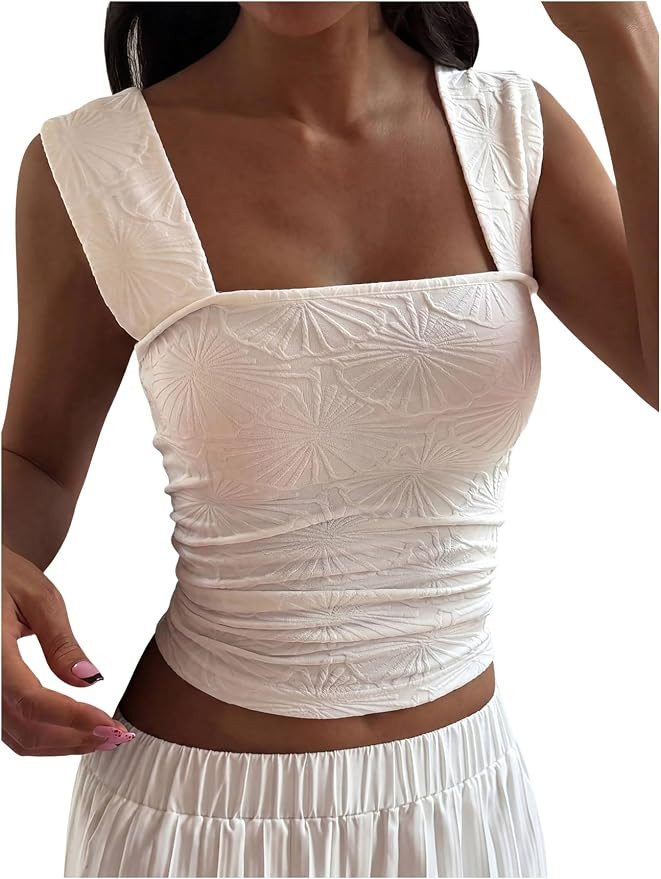RoseSeek Women's Floral Embossed Tank Tops Square Neck Sleeveless Crop Tops | Wide Strap, Slim Fi... | Amazon (US)
