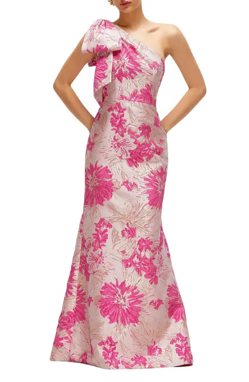 Alfred Sung One-Shoulder Metallic Floral Jacquard Trumpet Gown in Pink Multi at Nordstrom, Size 0 | Nordstrom