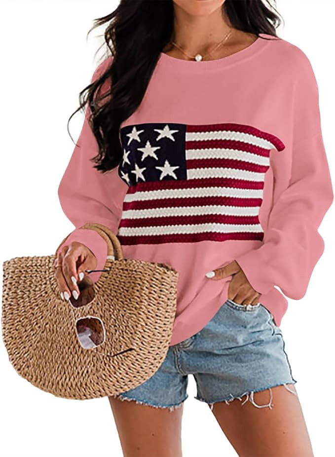 Dressmine Womens American Flag Sweater Knit Long Sleeve Crew Neck Graphic Elegant Soft Loose Pull... | Amazon (US)