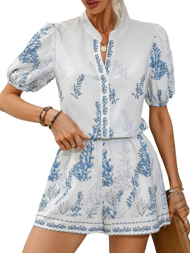Verdusa Women's 2 Piece Summer Outfit Puff Sleeve Notched Neck Blouse and Shorts Sets | Amazon (US)