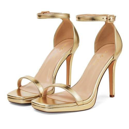 Elisabet Tang Women's 4.3 Inch Platform High Heeled Sandals Strappy Stiletto Open Square Toe Heel with Ankle Strap at Wedding Party Prom Work Dating | Amazon (US)