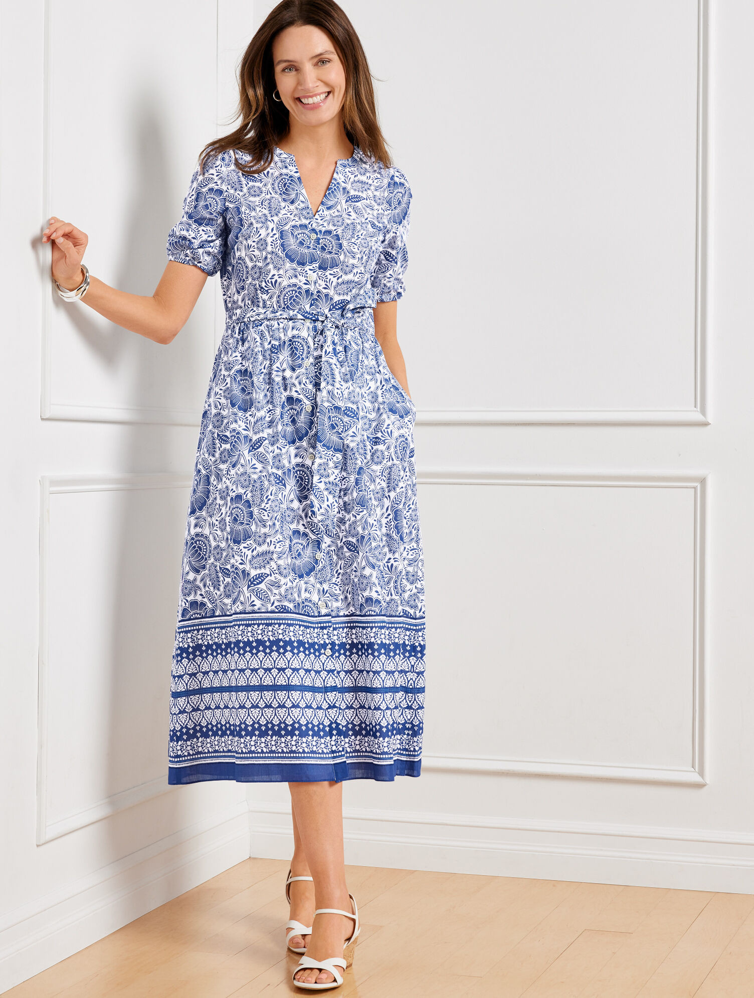 Puff Sleeve Fit & Flare Dress - Woodblock Floral | Talbots