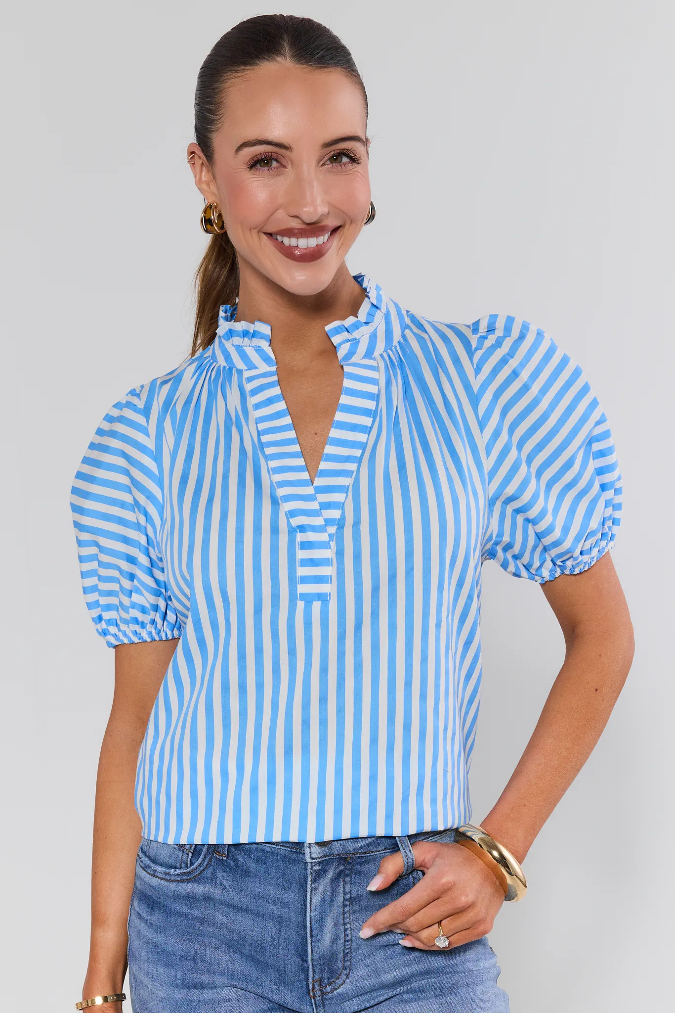 Chesney Blue Striped Puff Sleeve Top | Avara