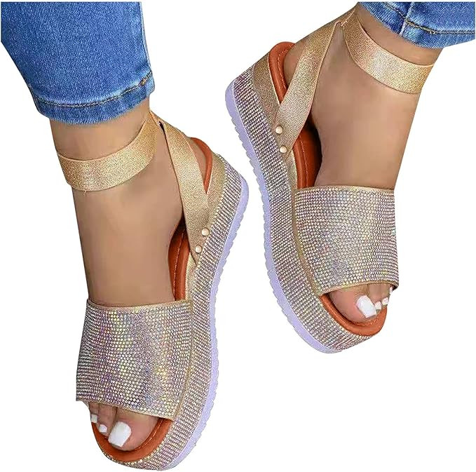 Xudanell Womens Sandals Cork Sole Low Wedges Studded Sparkle Rhinestone Diamond Shiny Glitter Bli... | Amazon (US)