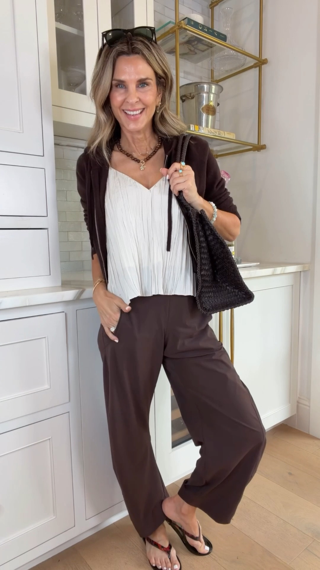 Ruti pants are 20% off limited time. I wear a 2.
-pleated top TTS 
-Sandals TTS
-Woven bag 
-Casmere zip-up sz Small 


#LTKgrwm #LTKootd #LTKSaleAlert