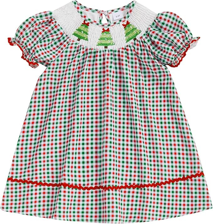 Toddler Baby Girl Christmas Outfit Santa Claus/Reindeer/Tree Embroidery Plaid Short Sleeve Smocke... | Amazon (US)