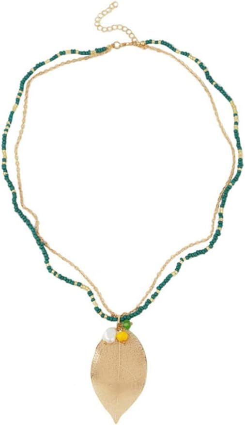 Generic Bohemian Beaded Necklace Filigree Long Leaf Pendant Dangle Necklace Adjustable Boho Summe... | Amazon (US)