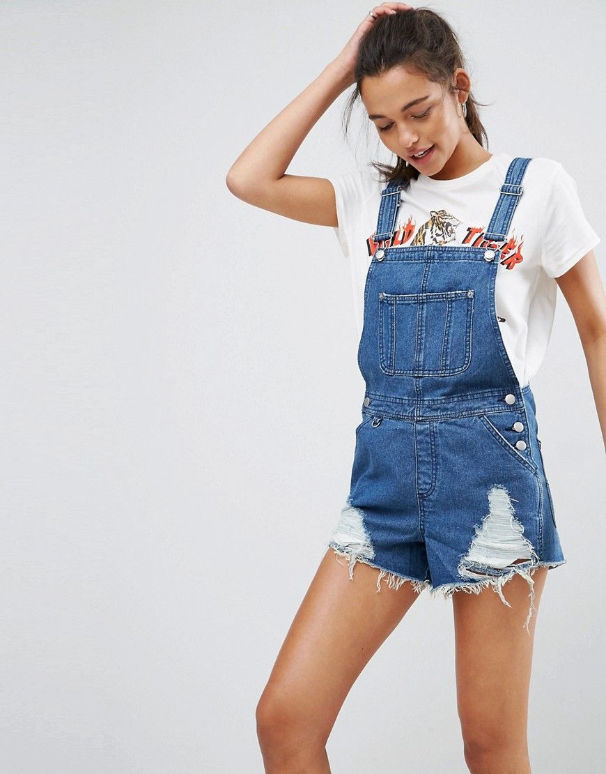 ASOS Denim Shorts Overall in Mid Wash Blue With Raw Hem - Blue | ASOS US