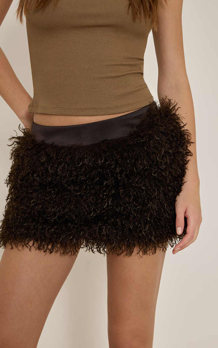 Dark Chocolate Mongolian Fur Mini Skirt | PrettyLittleThing UK