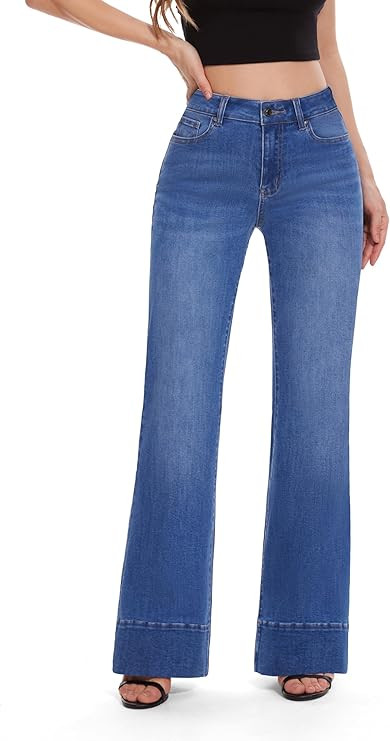 FLYING BANANA Women's Flare High Waisted Bell Bottom Wide Leg Baggy Stretch Denim Jeans | Amazon (US)