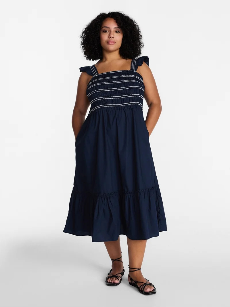 Time and Tru Women's and Women's Plus Sleeveless Smocked Cotton Midi Dress, Sizes XS-4X | Walmart (US)