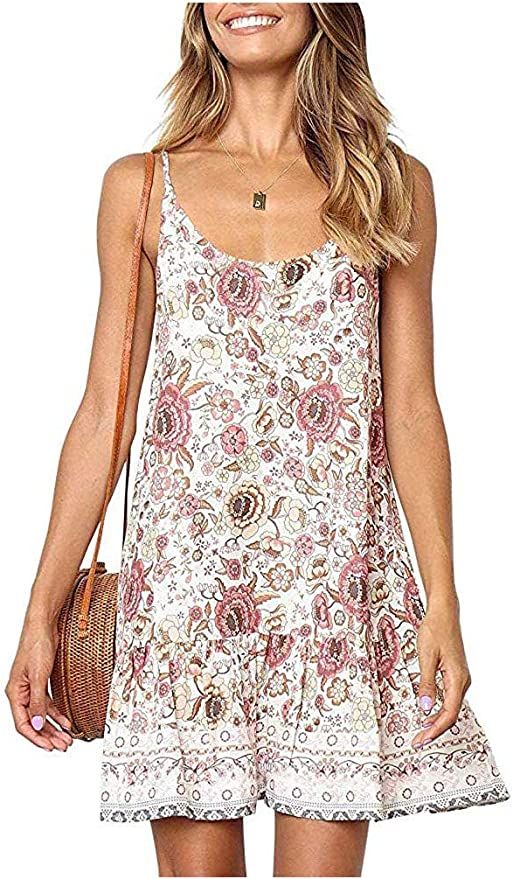 Womens Boho Floral Printed Dress Summer Sleeveless Adjustable Strap Beach Mini Dress with Pockets | Amazon (US)