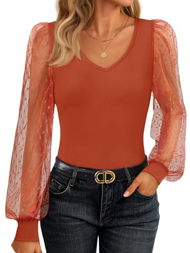 ZESICA Women's Spring Mesh Long Sleeve Shirts Fall Fashion V Neck Ribbed Knit Dressy Casual Work Blouses Going Out Tops, Burnt Orange, XL | Amazon (US)