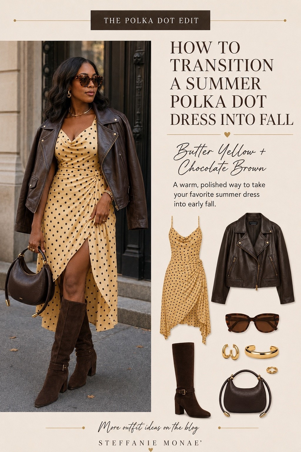 Butter yellow and chocolate brown might be one of my favorite color combinations for transitioning into fall. I styled this polka dot dress with a chocolate brown leather jacket, suede knee-high boots, a structured bag, tortoiseshell sunglasses, and gold jewelry for a look that feels warm, polished, and still easy to wear.

This is exactly how I like to make summer pieces work harder instead of packing them away as soon as the season changes. Shop the pieces to recreate the look.

#LTKootd #LTKSaleAlert #LTKSeasonal