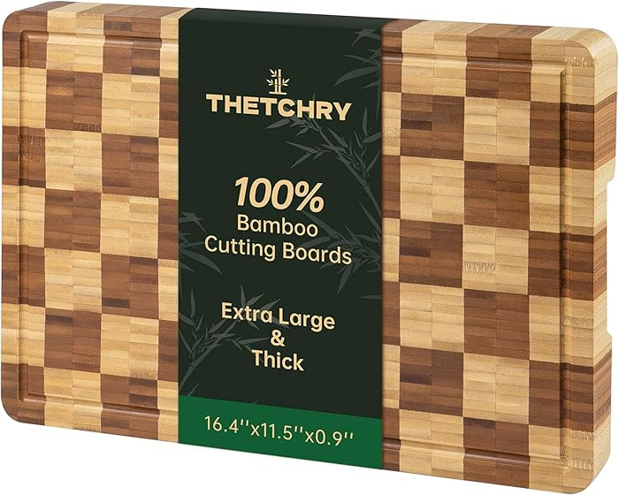 Bamboo Cutting Boards for Kitchen, End Grain Wood Cutting Board with Juice Grooves & Handles, Cha... | Amazon (US)