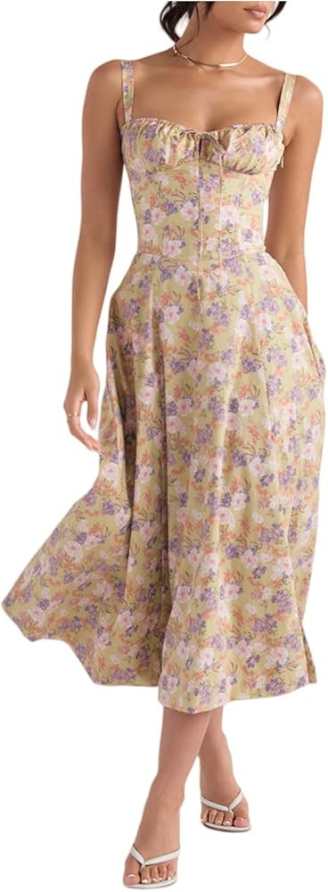 Women Floral Corset Dress Summer Spaghetti Straps Square Neck Casual Ruched High Waist Split Casu... | Amazon (US)