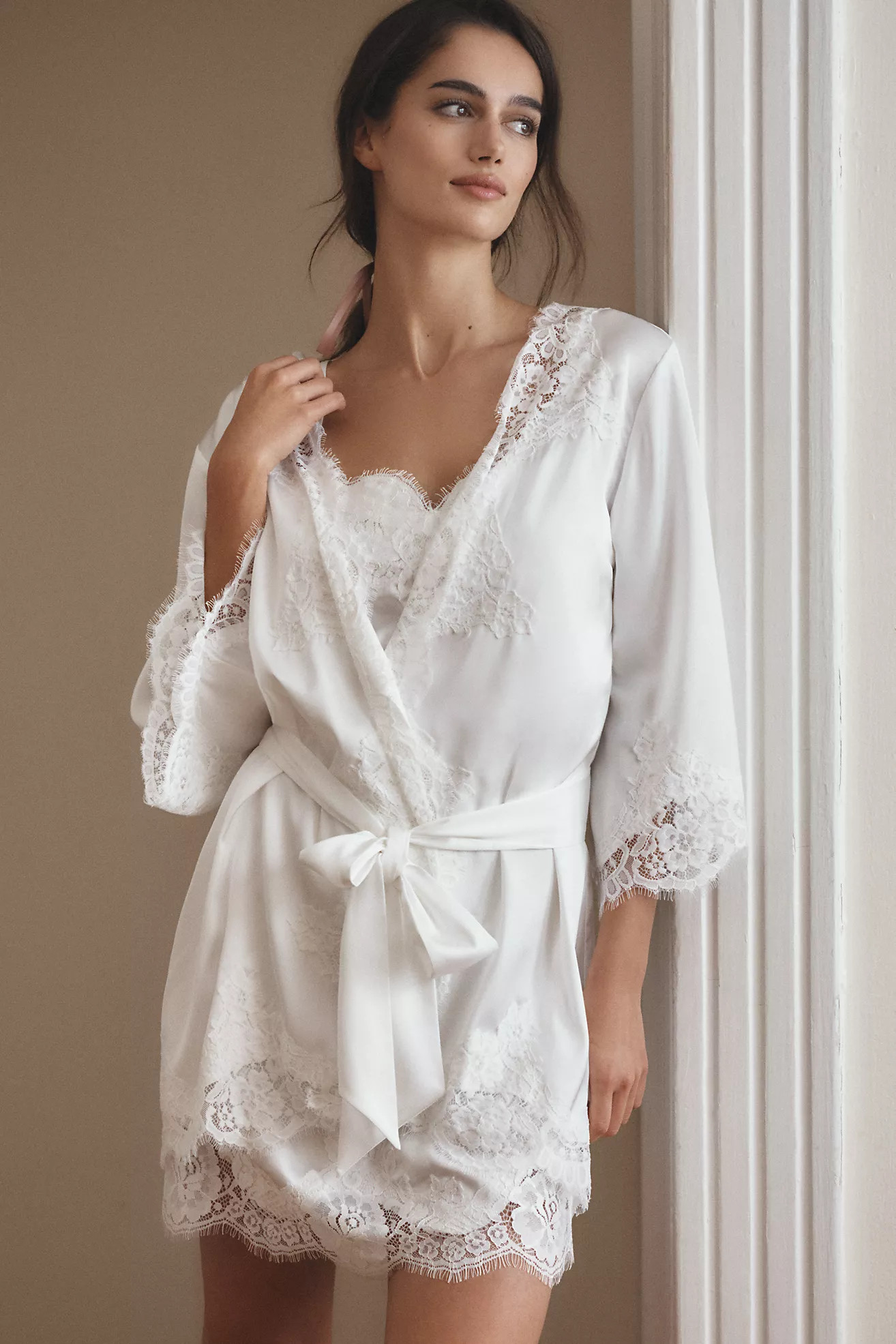 Homebodii Sian Lace-Trim Satin Mini Robe | Anthropologie (US)
