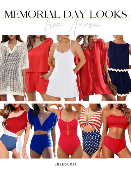 Memorial Day weekend outfits! Memorial Day looks from Amazon, Red White and Blue outfits, patriotic outfits, red swimsuit, white cover up, Memorial Day swimsuit, swimsuit coverup, summer outfit, Amazon swimsuits, sandals, vacation outfit, swimwear looks for vacation, resort wear, sunglasses, spring outfit, straw bags, affordable amazon vacation look, Miami outfit, spring beach vacation look, lake look, beach sandals, spring sandals, summer sandals

#LTKFindsUnder50 #LTKStyleTip #LTKSwim