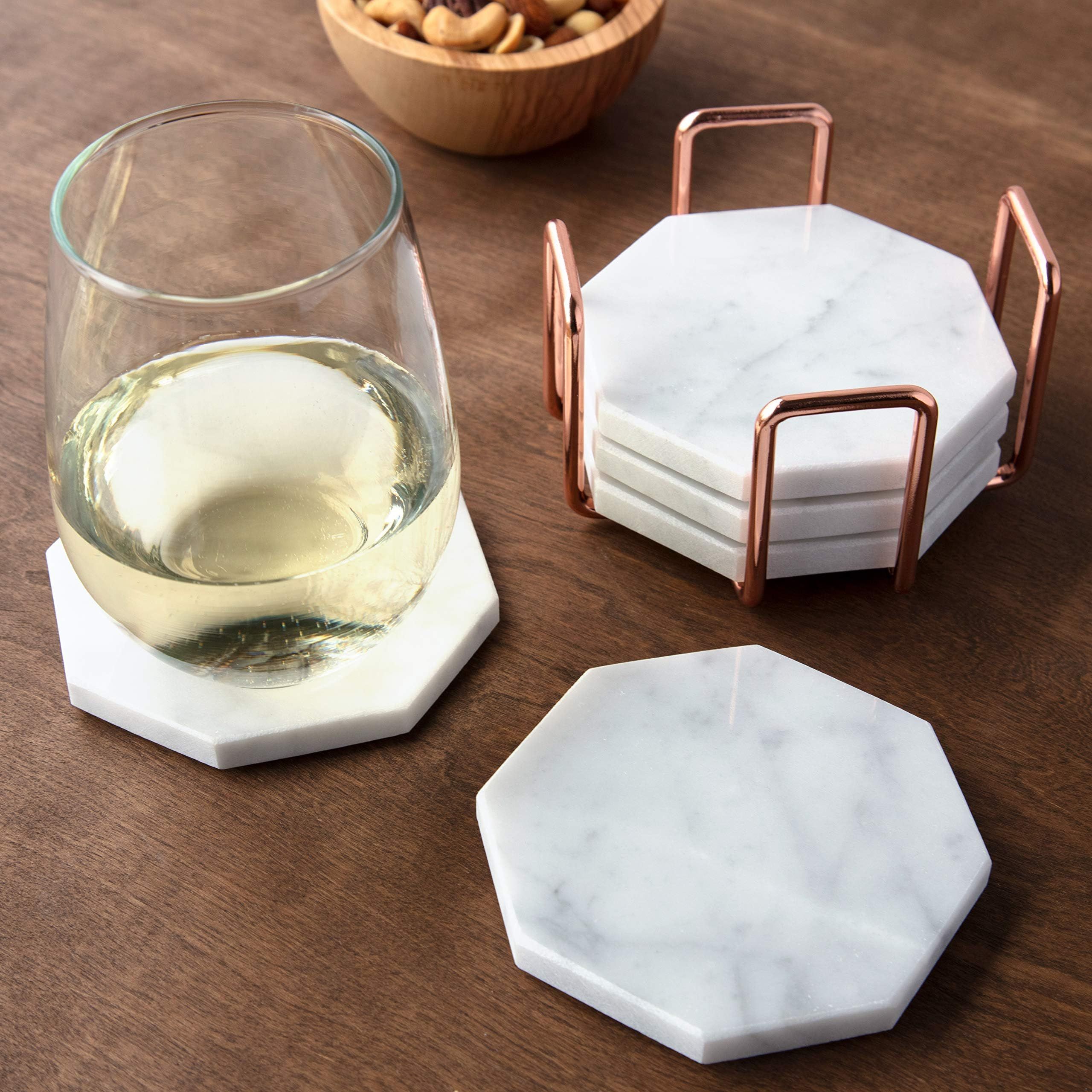 D’Eco White Carrara Marble Coasters with Rose Gold Holder- Set of 5 - Tabletop Protection for A... | Amazon (US)