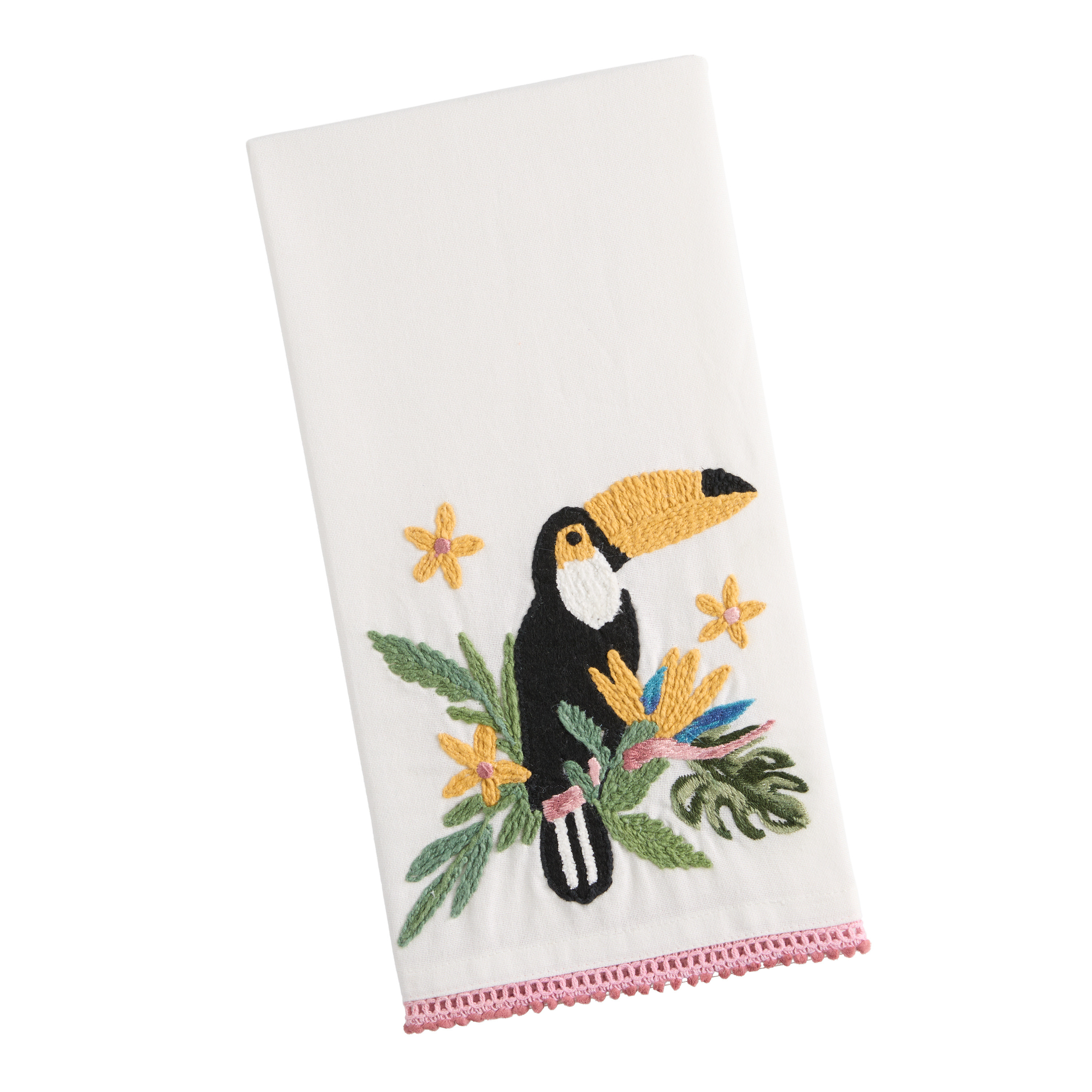 White and Pink Toucan Embroidered Kitchen Towel - World Market | World Market