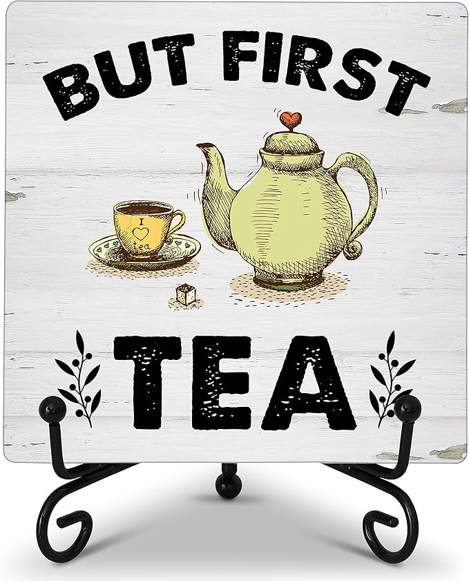 ONDTOM But First Tea Wooden Sign, Teapot and Teacup Wood Plaque with Support Stand, Kitchen Home ... | Amazon (US)