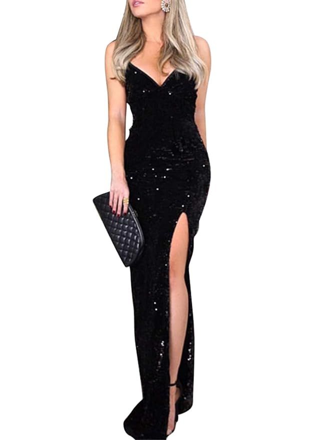 BerryGo Women's Sexy V Neck Bodycon Sequin Gown Evening Dress with Slit | Amazon (US)