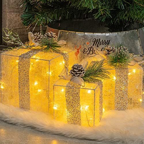 Hourleey Set of 3 Christmas Lighted Gift Boxes, Pre-lit 60 LED Light Up Present Boxes Ornament Outdo | Amazon (US)