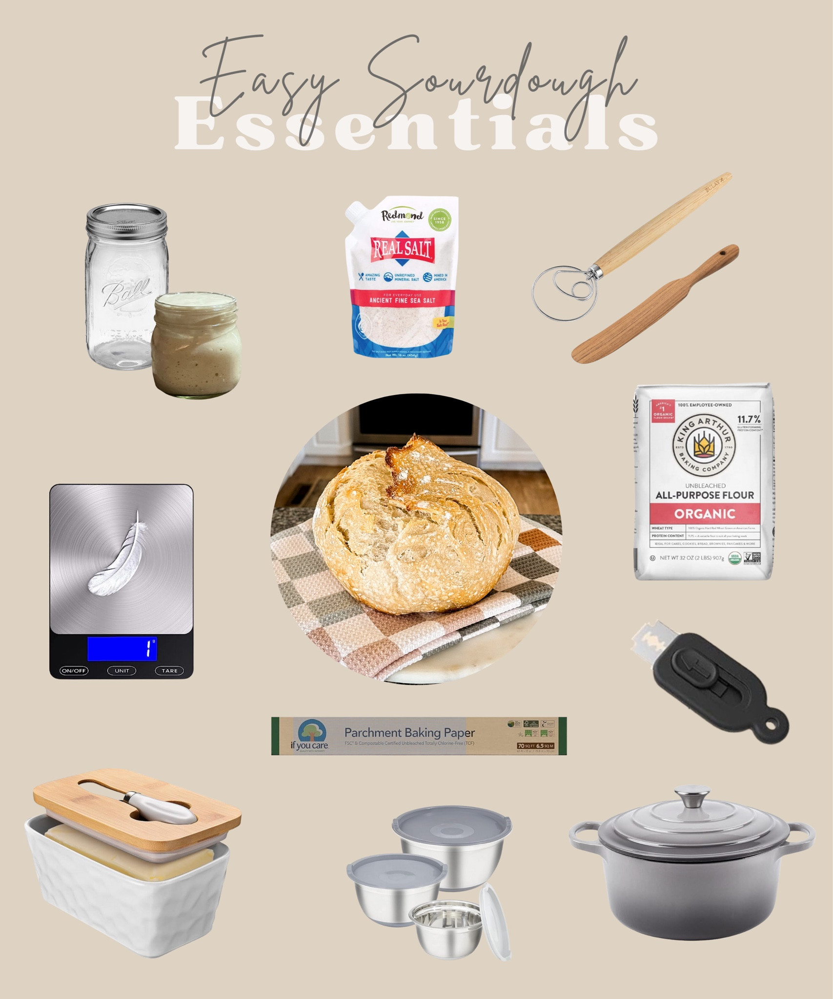 Easy Sourdough
✔️Feed starter around lunch time
100g starter + 100g flour + 100g water
✔️Before bed… Mix dough
150g starter
10g salt
300g water
450g flour
✔️cover with lid and leave on counter overnight (optional - wait an hour then stretch and fold)
✔️Next morning: flour the counter, shape into a ball, place in Dutch oven over some parchment paper
✔️let rise 30-60min then score with bread lame
✔️Preheat oven to 475 degrees (optional - preheat Dutch oven)
Bake for 45min

#LTKfamily #LTKhome