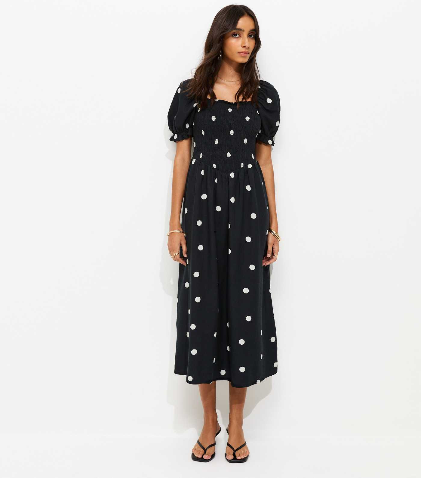 Black Polka Dot Shirred Midi Dress | New Look | New Look (UK)