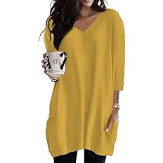 Womens Tunic Tops for Leggings with Pockets Vneck 3/4 Length Sleeve Shirt Casual Long T-Shirts S-... | Amazon (US)