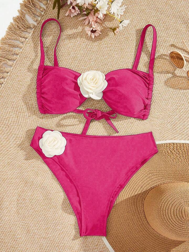 SHEIN VCAY Plus Size Colorblock 3d Floral Detail Thin Strap Bikini Set | SHEIN