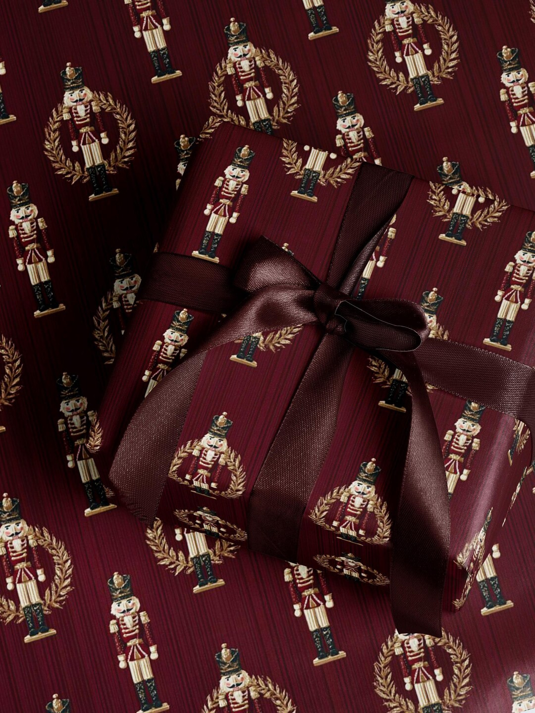Burgundy Nutcracker Wreath Wrapping Paper, Classic Soldier Christmas Gift Wrap, Vintage Holiday N... | Etsy (US)