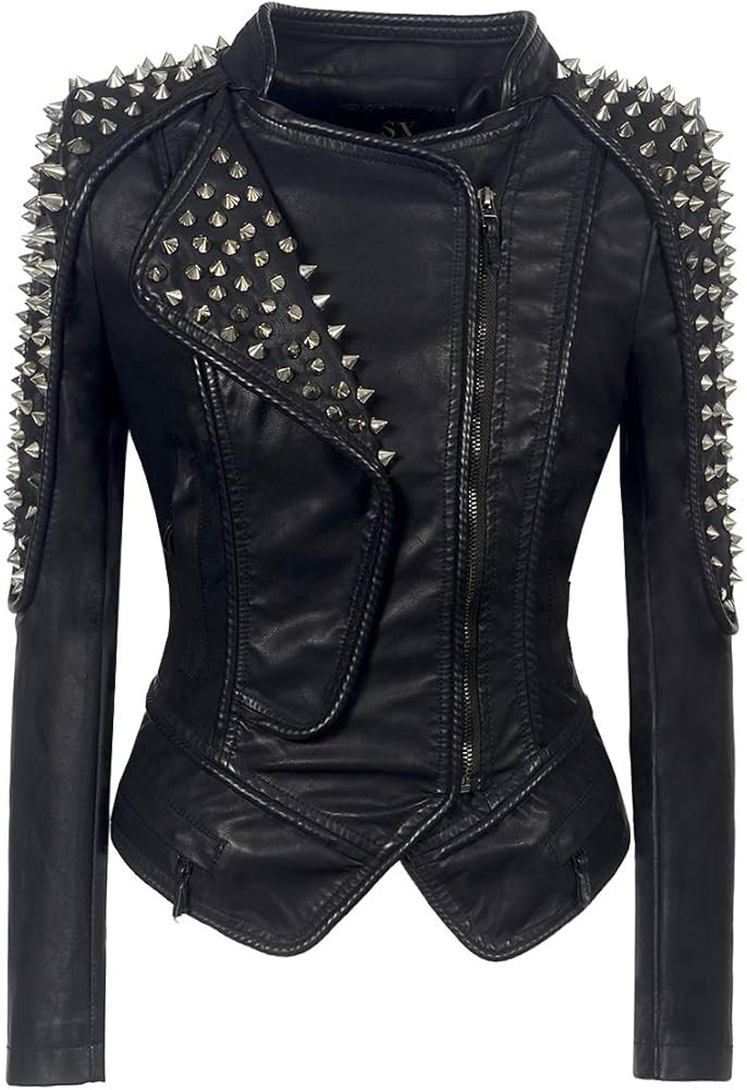 LFS Women's Punk Rivet Motorcycle Jacket Fashion Zipper Asymmetric Studded Perfectly Shaping Faux... | Amazon (US)