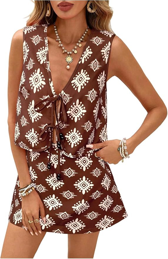 MakeMeChic Women's 2 Piece Summer Outfits Graphic Tie V Neck Tank Top and Mini Skorts Matching Se... | Amazon (US)