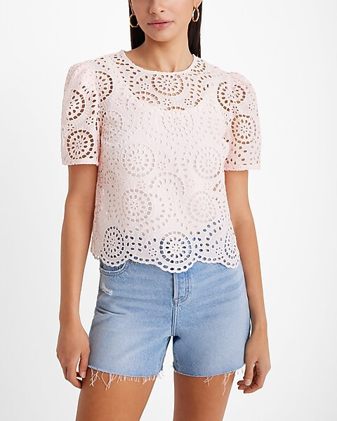 Eyelet Crew Neck Short Sleeve Top | Express