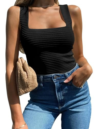 BZB Ribbed Tank Tops for Women 2025 Square Neck Summer Tops Fitted Black Tops for Women Ribbed Shirts | Amazon (US)