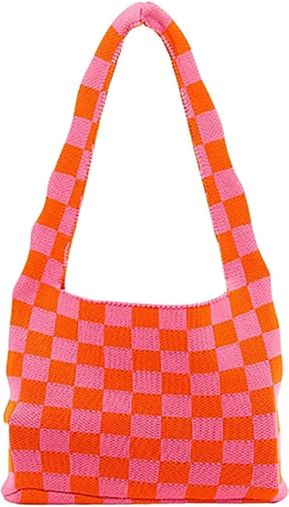 Knitted Bag Fashionable Checkerboard Hobo Shoulder Bag, Check Stitching Tote handbag, Underarm Cu... | Amazon (US)