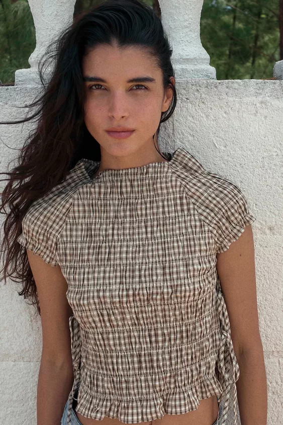 PLAID POPLIN RUCHED TOP | Zara US
